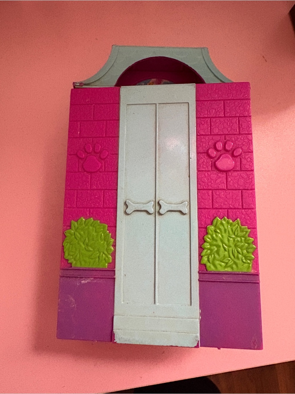 Pink and White Toy Dollhouse Door with Green Accents